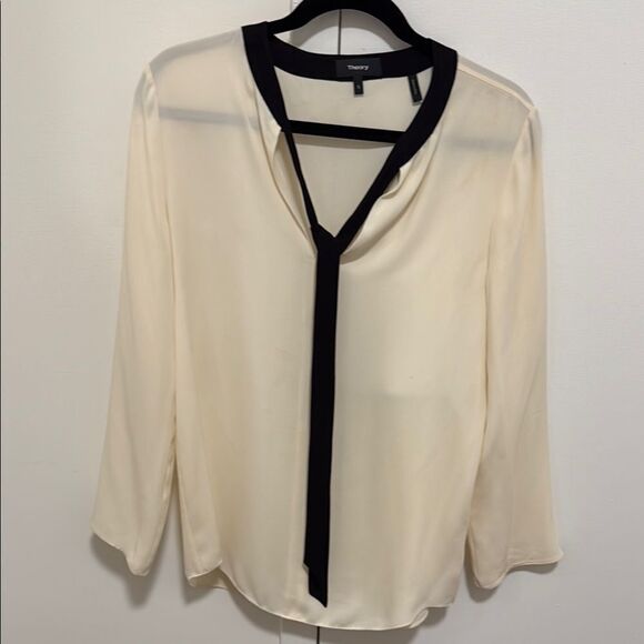 Theory Silk Bell Sleeve Tie Neck Blouse. Relaxed fit. Size S. Off White/Black. - Picture 1 of 5